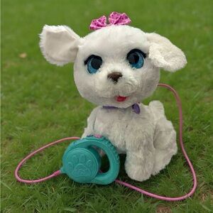 White Plush Puppy with Blue Eyes and Pink Bow - Interactive Kids Stuffed Animal